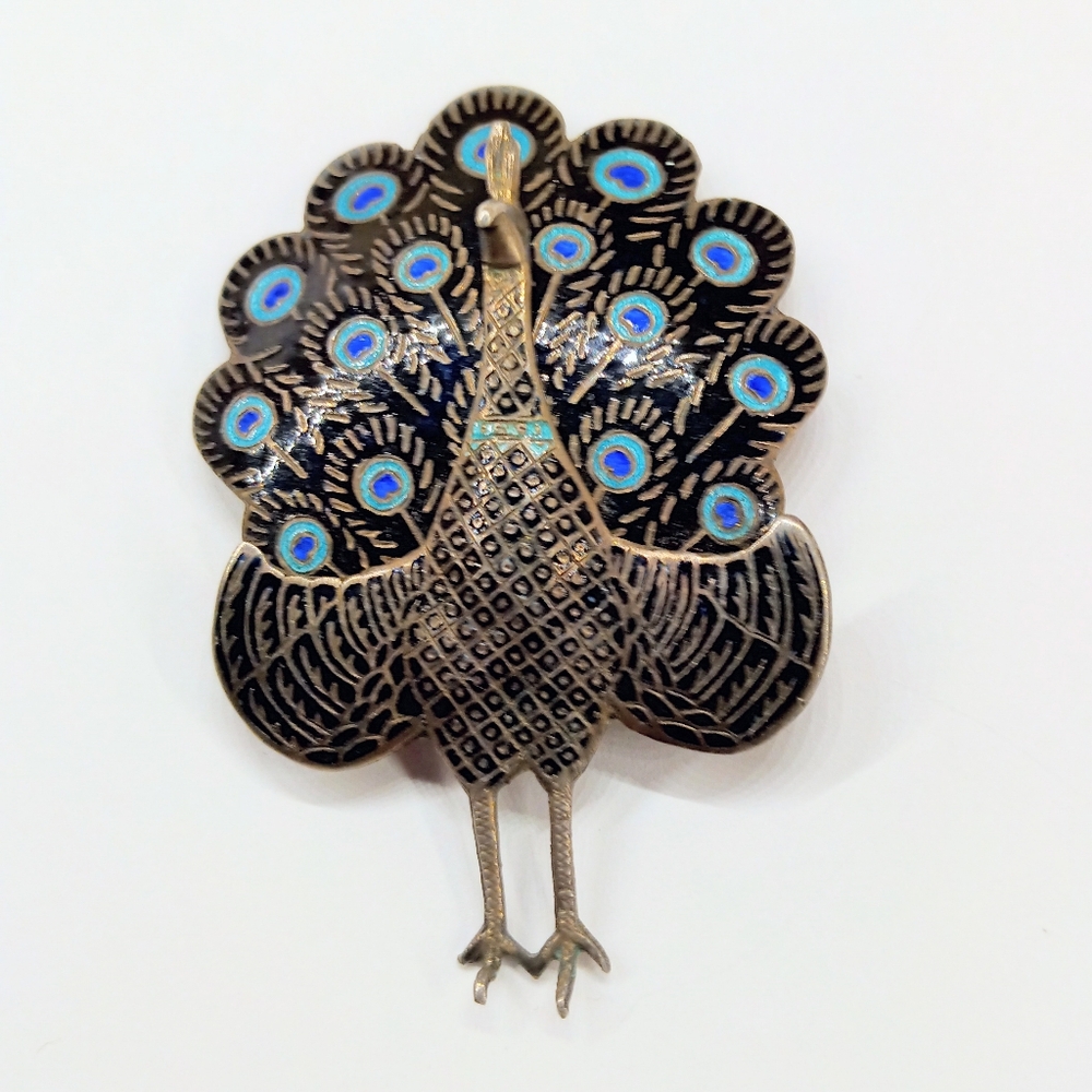 Vtg Hinged Peacock Sterling Signed Brooch Antique